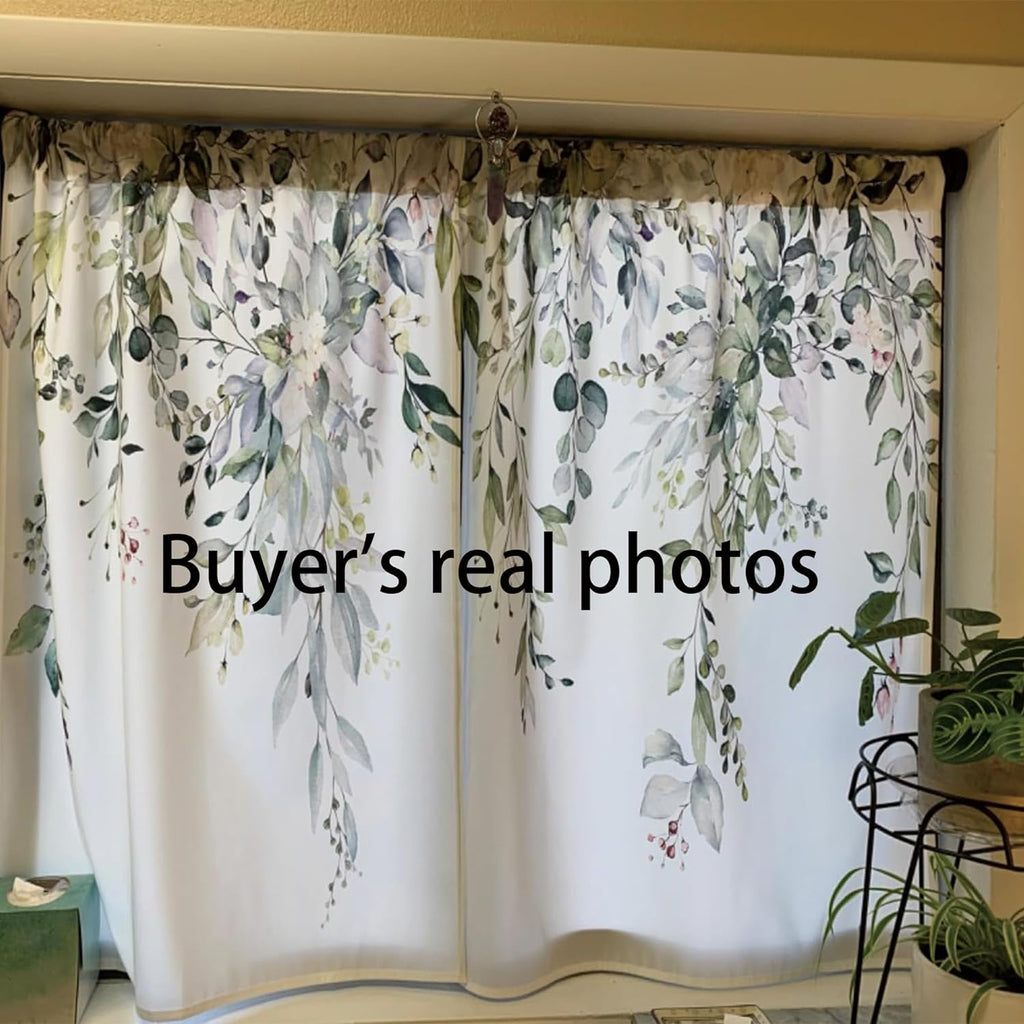 Eucalyptus Botanical Leaves Floral Kitchen Window Curtains Over Sink Boho Farmhouse Flower Leaf Small Window