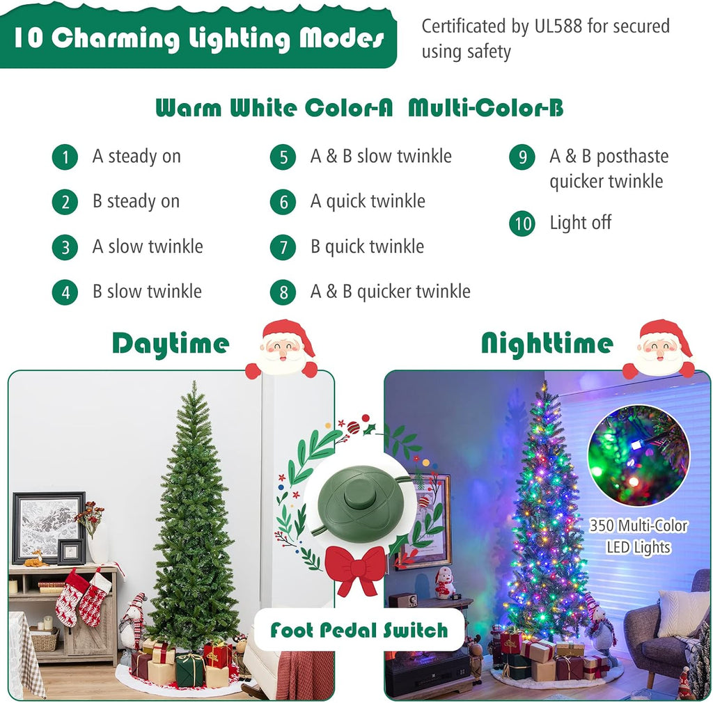 7.5ft Pre-Lit Pencil Christmas Tree, Hinged Artificial Slim Tree with 796 PVC PE Branch Tips, 350 LED Lights
