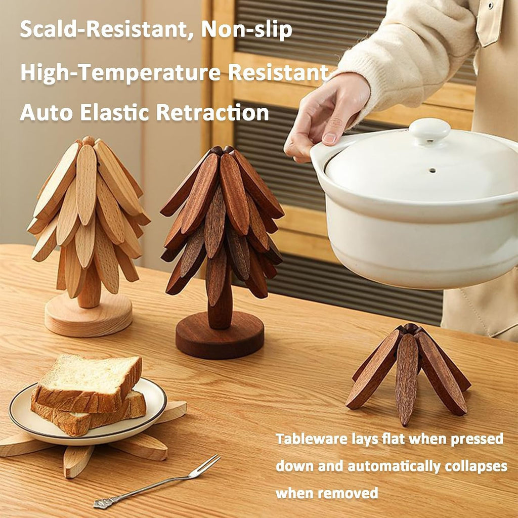 Natural Tree Trivet Set, 3/4/5 Wooden Trivets & 1 Stand Like a Christmas Tree, for Hot Pots and Dishes & Cup (Walnut