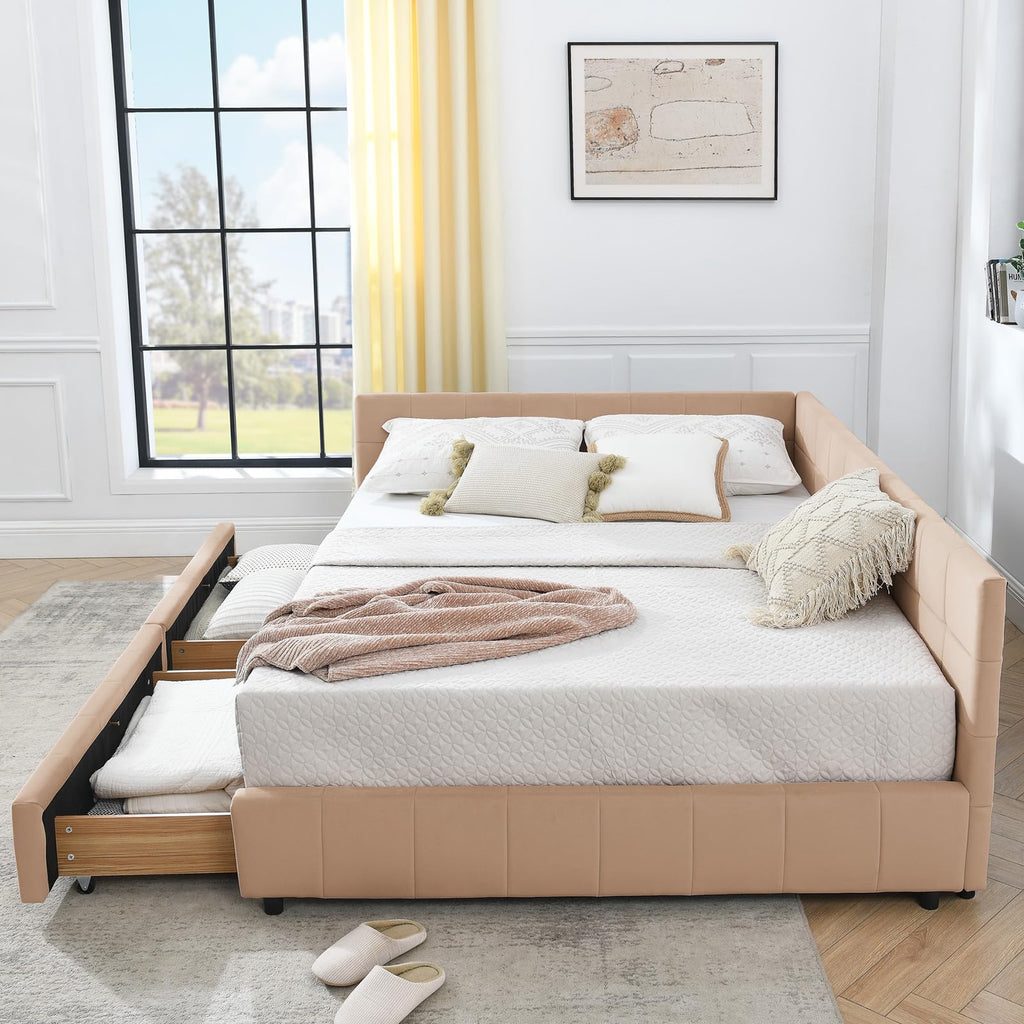 Queen Daybed with Storage Drawers, Modern Corner Tufted Velvet Upholstered Queen Size Sofa Day Bed Frame with Wooden