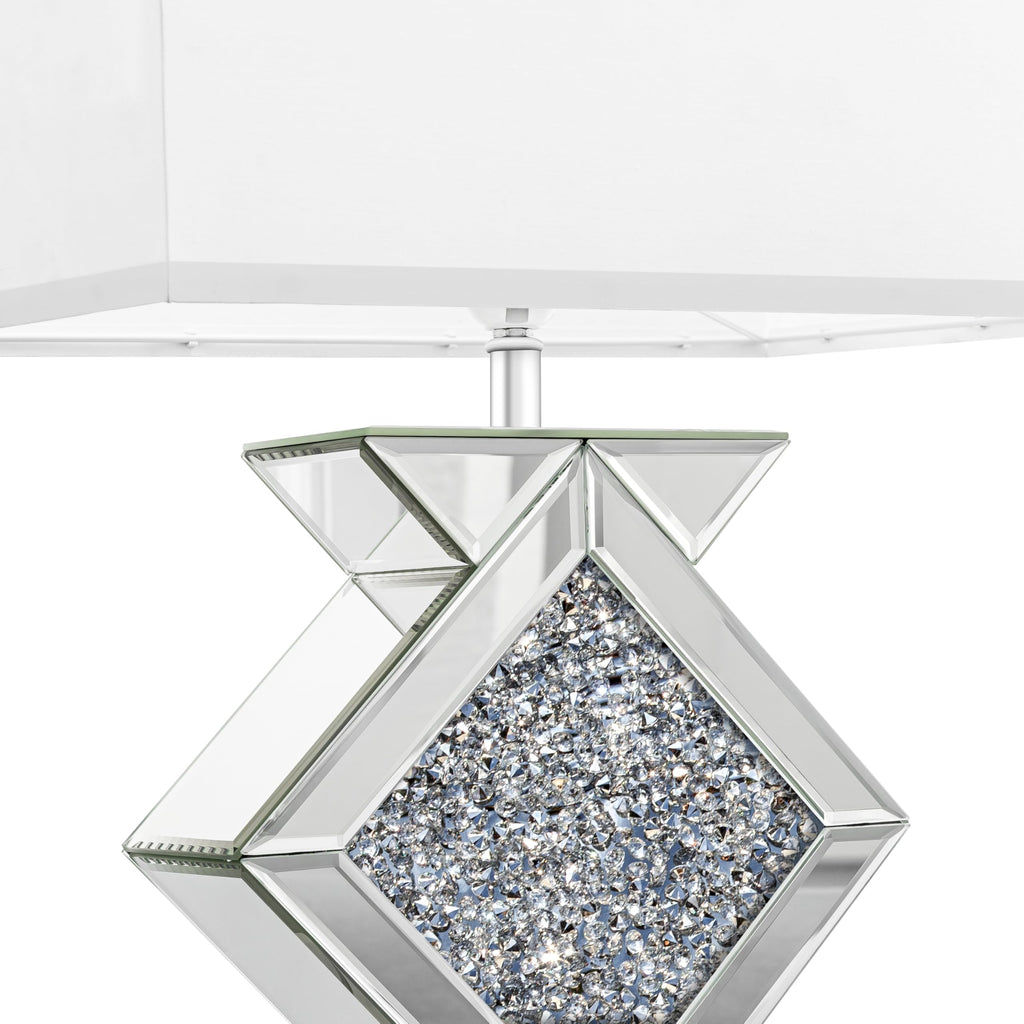 Crystal Crushed Diamond Mirrored Table Lamp, 23.6" Silver Glass Rectangular Bedside Lamp with Linen Shade, 3-Way