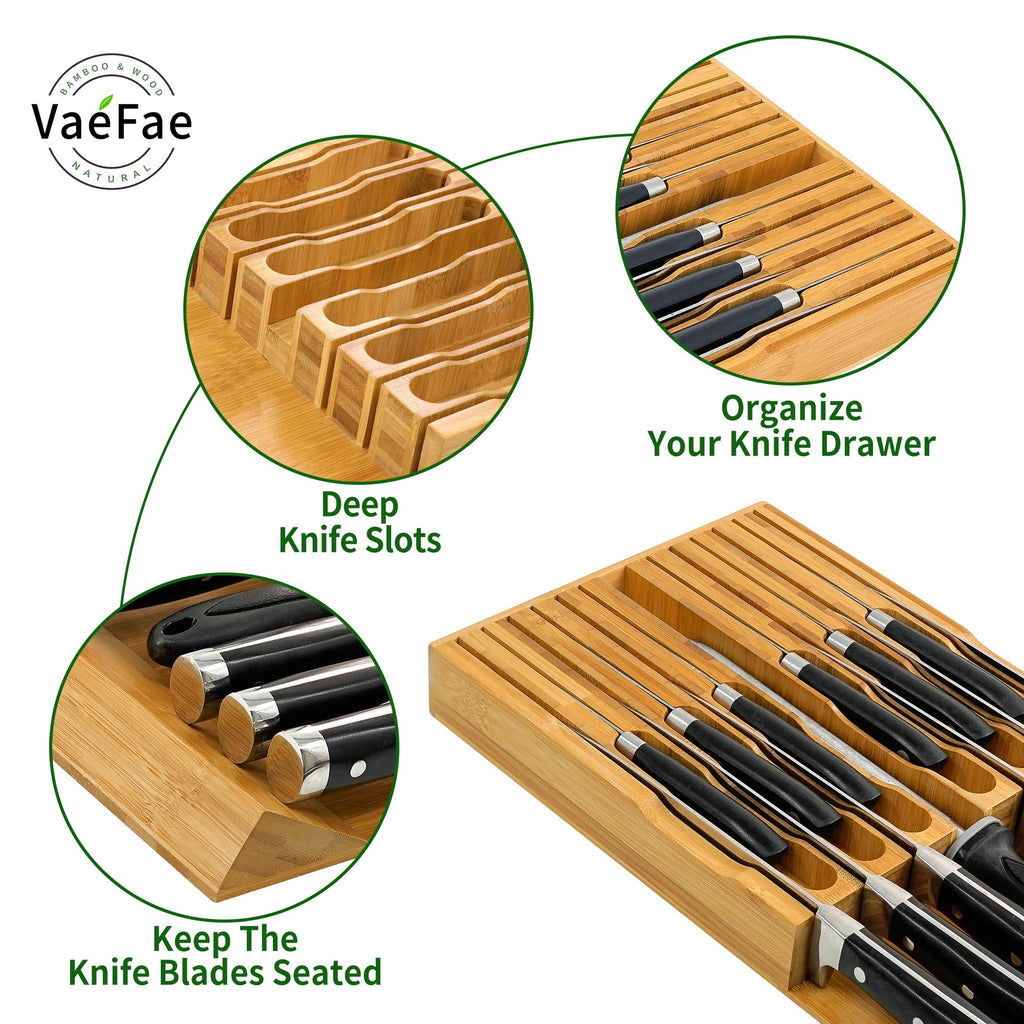 Bamboo Knife Drawer Organizer, Knife Drawer Organizer Insert, Kitchen Drawer Knife Block for 12 Knives and a PLUS