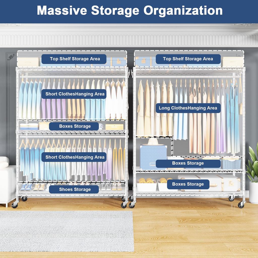 P8C Max Heavy Duty Clothes Rack(With Extended Width Design) Rolling Clothing Racks for Hanging Clothes with Lockable