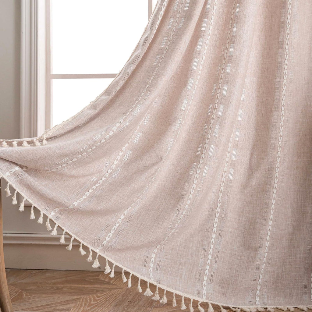 Boho Curtain 84 inches Long Bedroom Nursery, Retro Bohemian Coffee Linen Sheer 84 inches Length Tassel Stripe