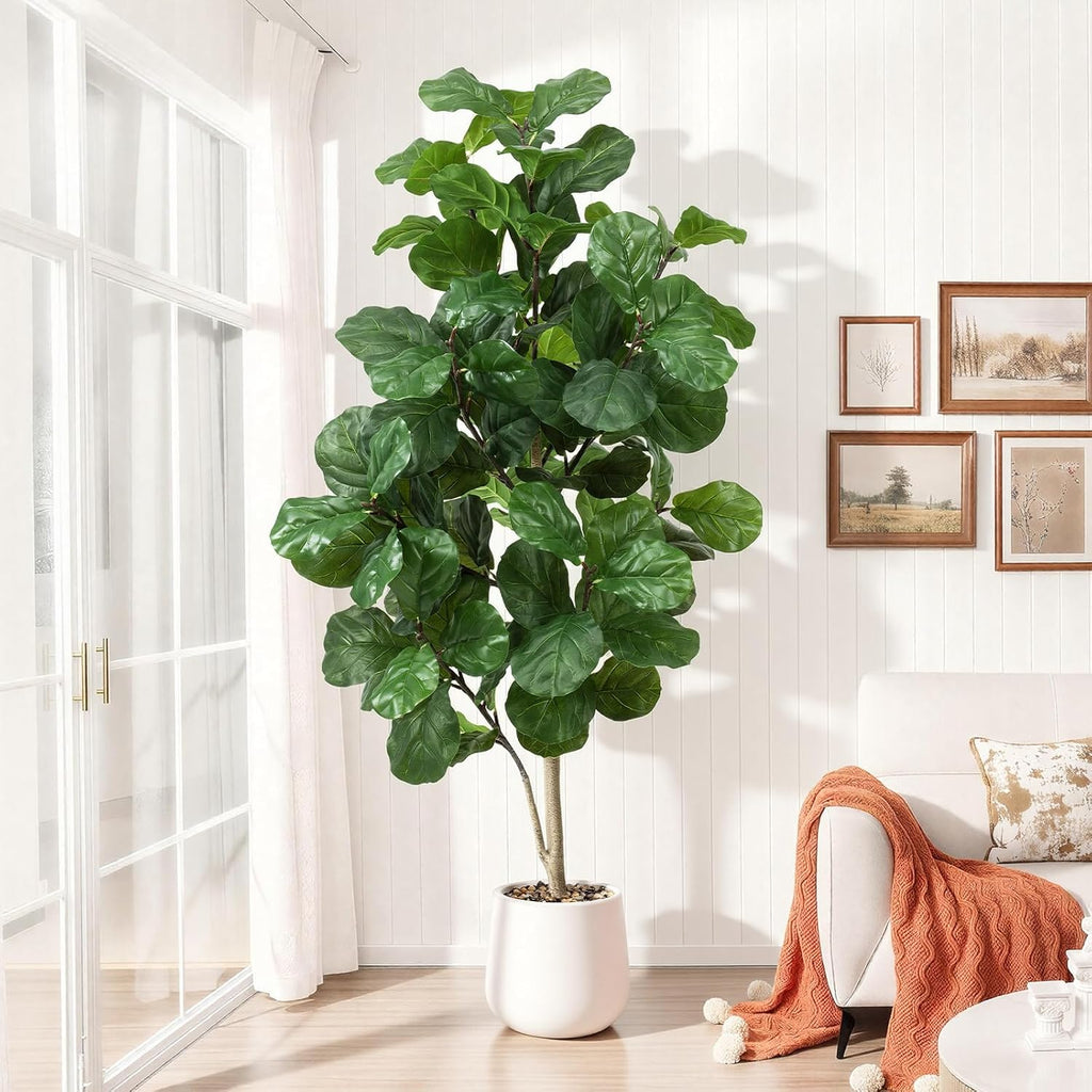 Faux Fiddle Leaf Fig Tree 6ft Tall Indoor Fake Tree in White Pot with 106 Leaves Artificial Ficus Lyrata House Plant
