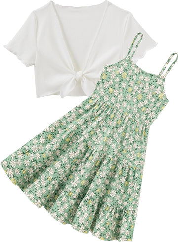 Girls Adjustable Strap Cami Dress with Cardigan 2 Piece Set