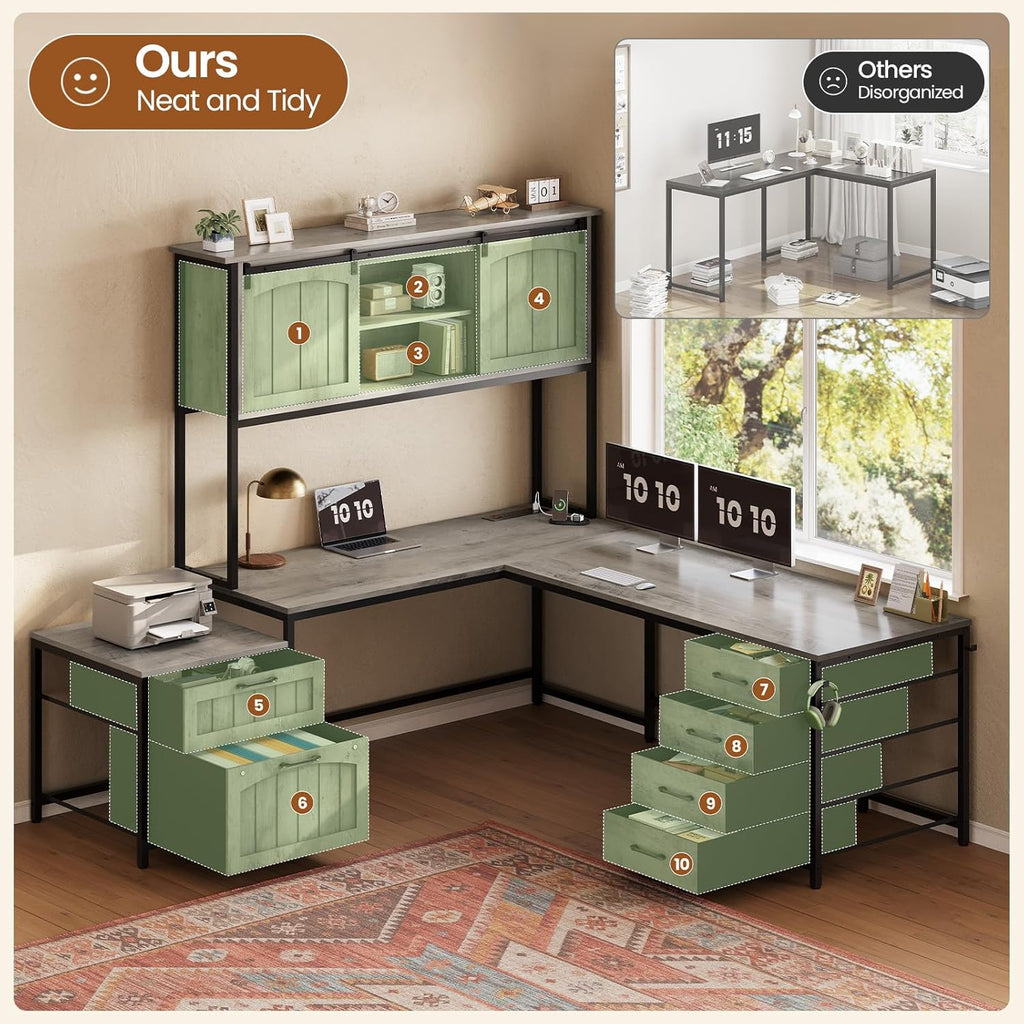 Reversible Farmhouse L-Shaped Desk with Hutch, 6 Drawers, File Drawer & Power Outlets