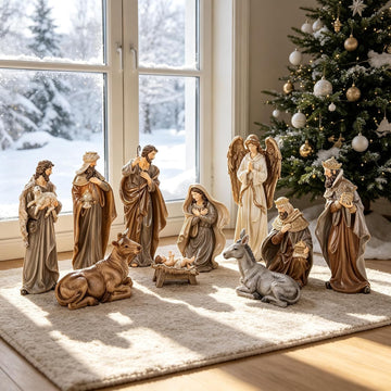 10-Piece Nativity Figurines Sets for Christmas Indoor, Oversized Brown Nativity Figurines Sets, Resin Xmas Nativity