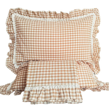 3 Piece Cotton Sheet Set, Tan Gingham & Lace Ruffle Fitted