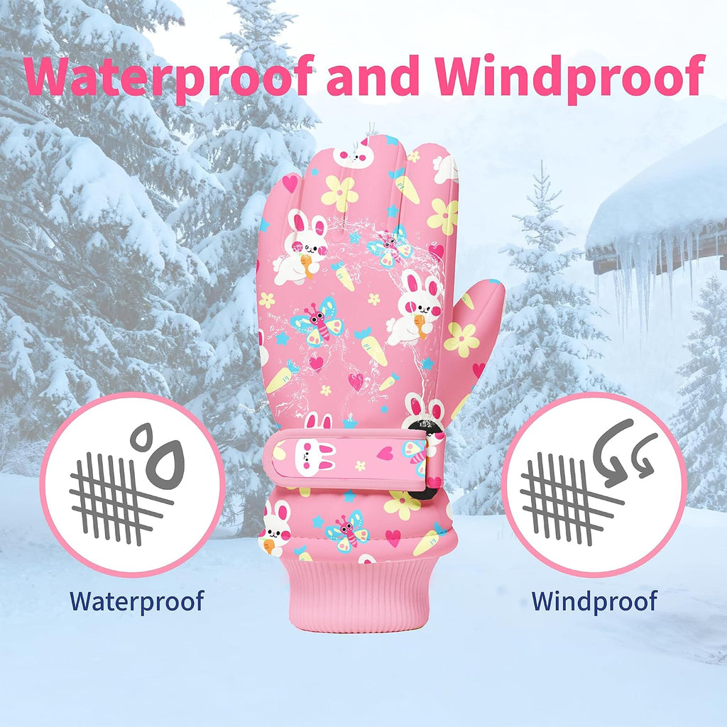 Kids Winter Snow Ski Gloves, Waterproof Cold Weather Insulated Outdoor Snowboard Gloves for Toddler Girls