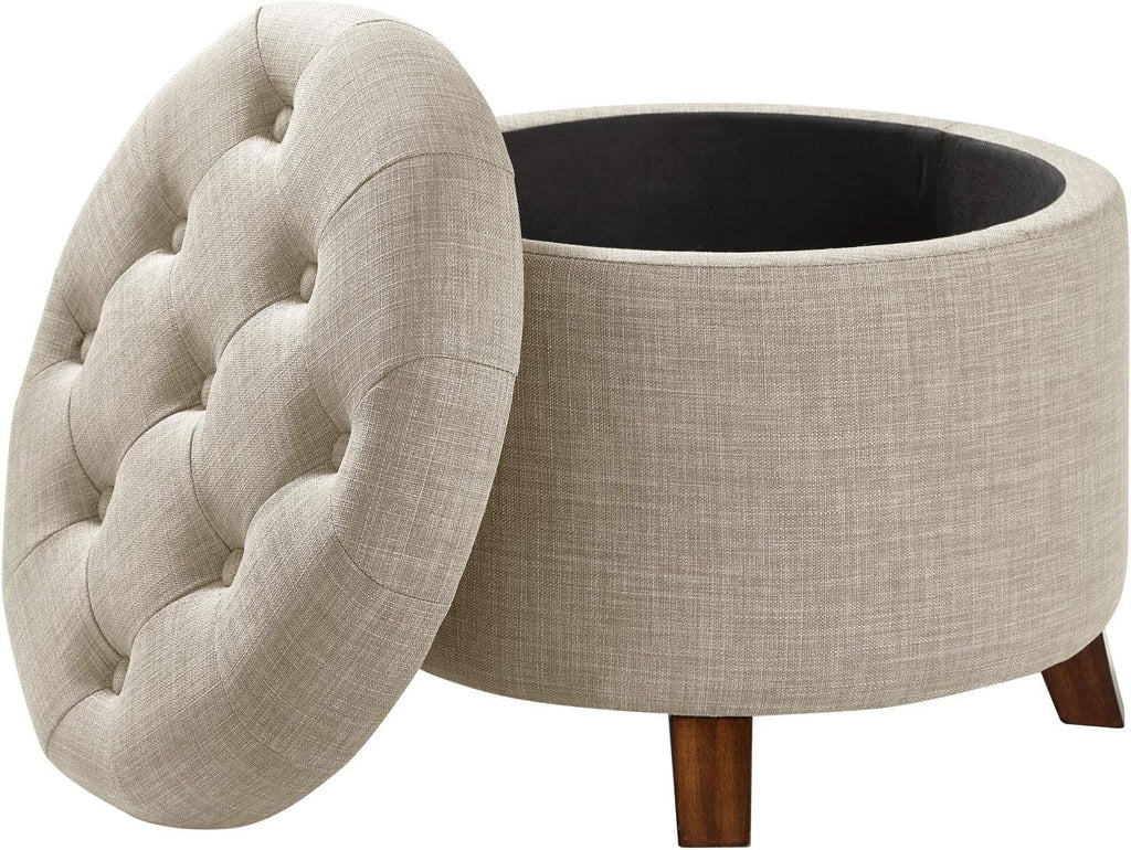 Round Storage Ottoman Foot Rest, Button Tufted Upholstered Footstool with Storage, Sturdy Linen Fabric , 20" x 17"