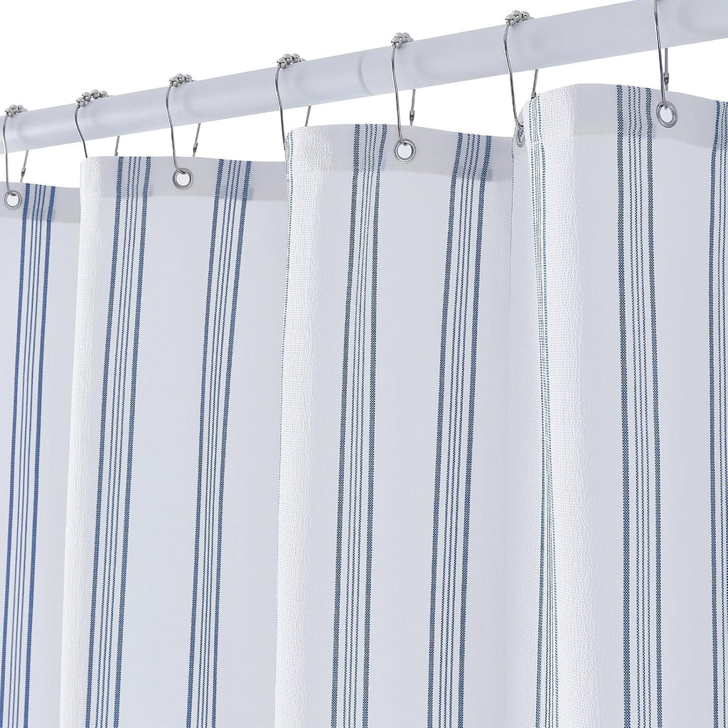 Blue and White Striped Shower Curtain with 12 Metal Hooks, Crinkled Lightweight Textured Fabric Modern Farmhouse