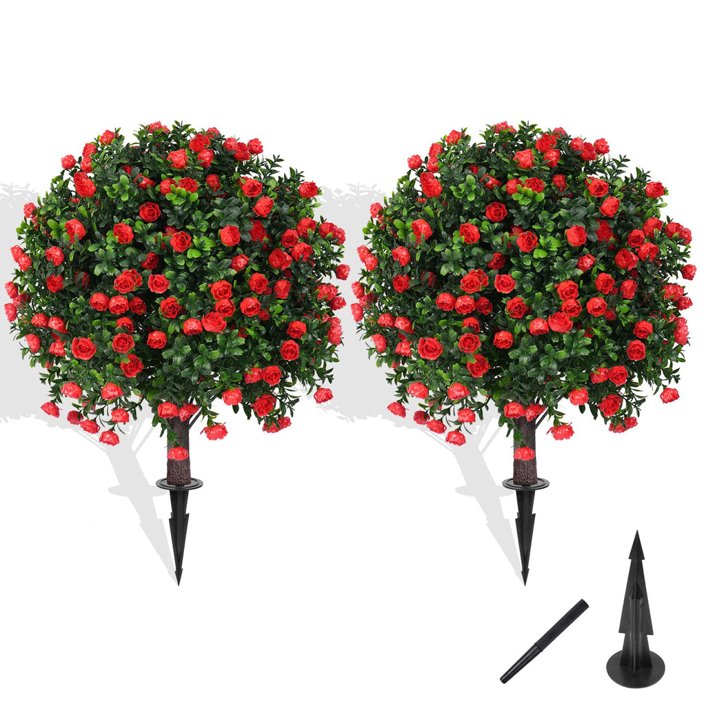 Set of 2 Artificial Boxwood Topiary Trees with Rose for Outdoor