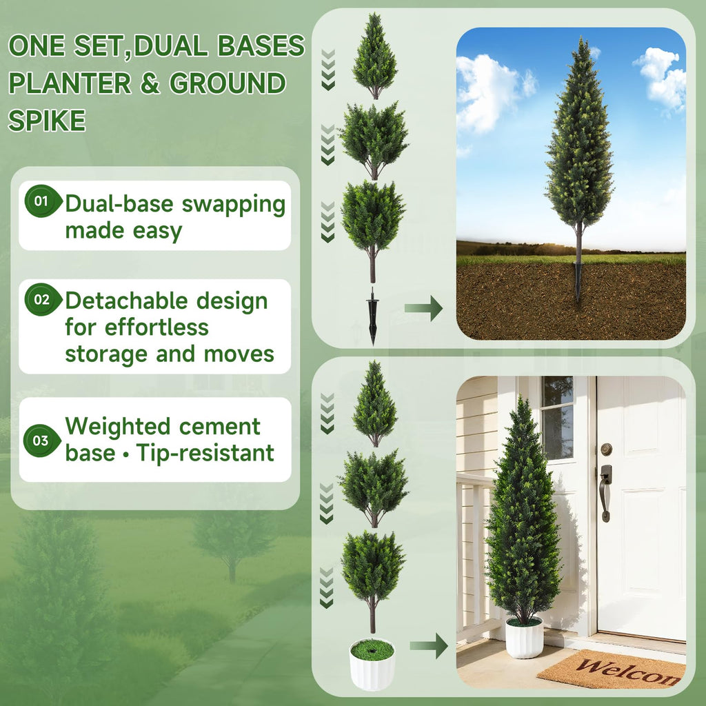 4FT Artificial Cedar Topiary Trees Set of 2 Detachable Planter & Spike, UV Resistant Outdoor and Indoor, Realistic Fake