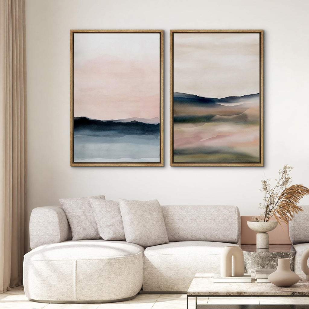 Framed Canvas Print Wall Art Set Pastel Watercolor Sunset Landscape Abstract Shapes Illustrations Minimal Decorative