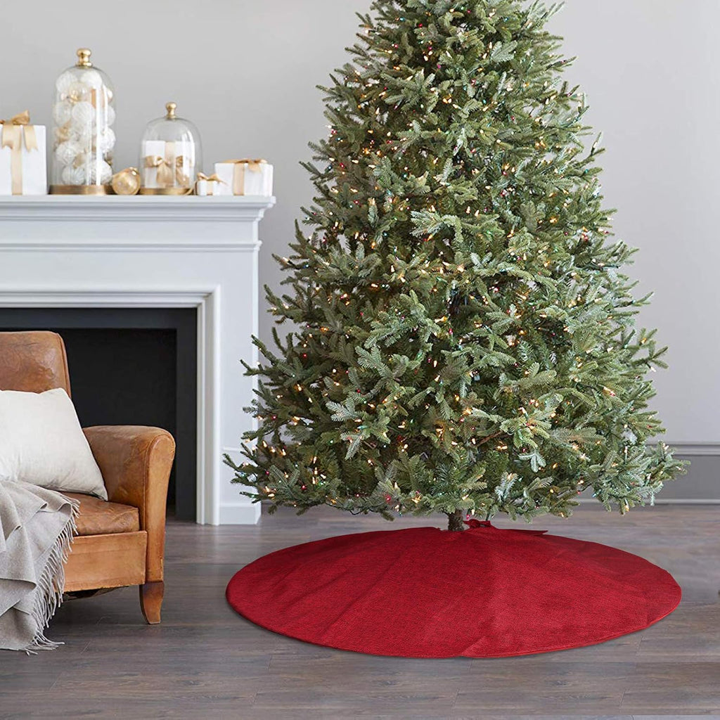 Christmas Tree Skirt Red: 48 inches Burgundy Burlap Double-Layer Plain Xmas Tree Skirt, Rustic Farmhouse Xmas Tree
