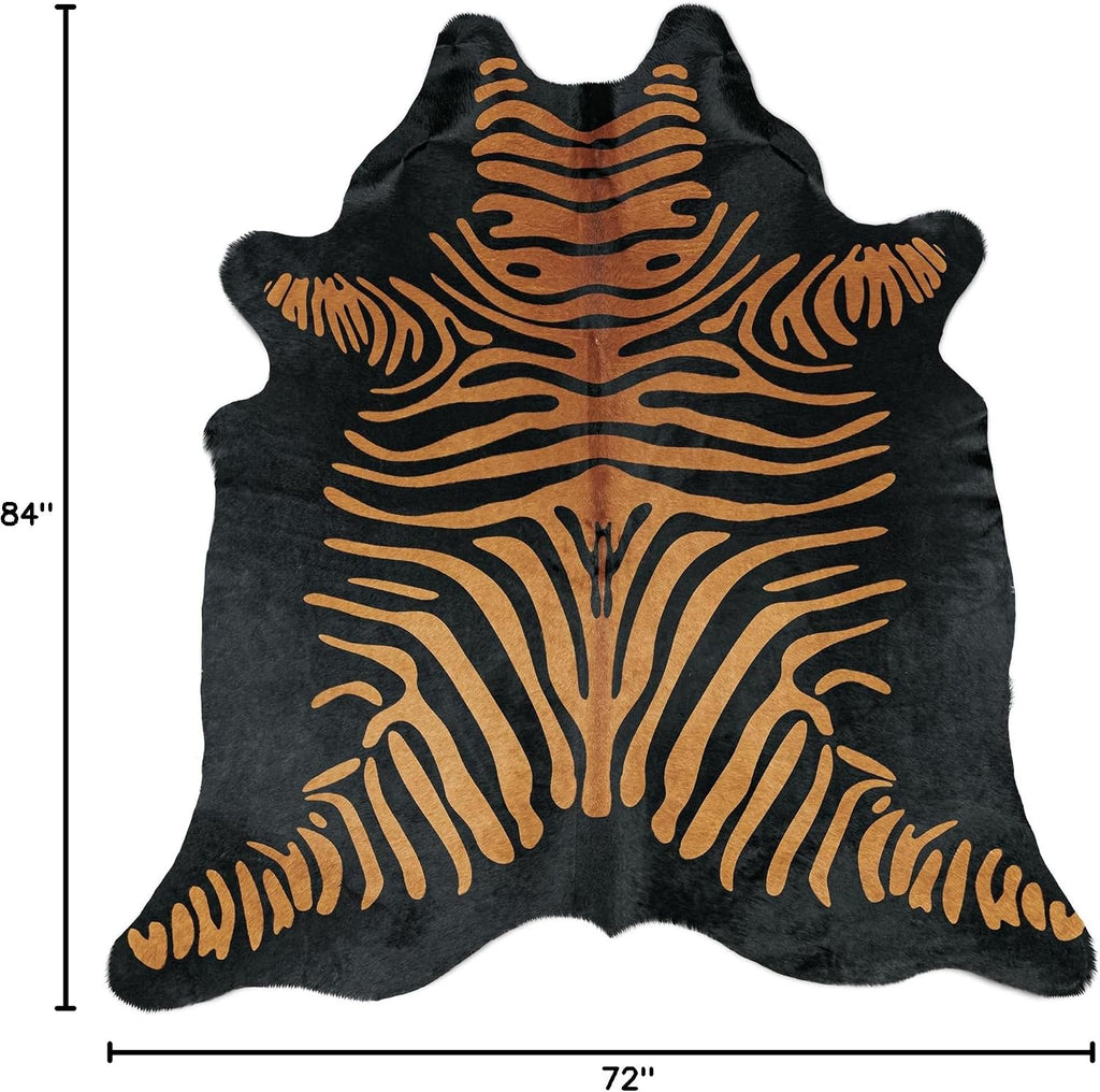 100% Genuine Zebra Print Brown Stripes on Black Cowhide Rug - Modern Style Brazilian Animal Skin Rug & Floor Carpet &