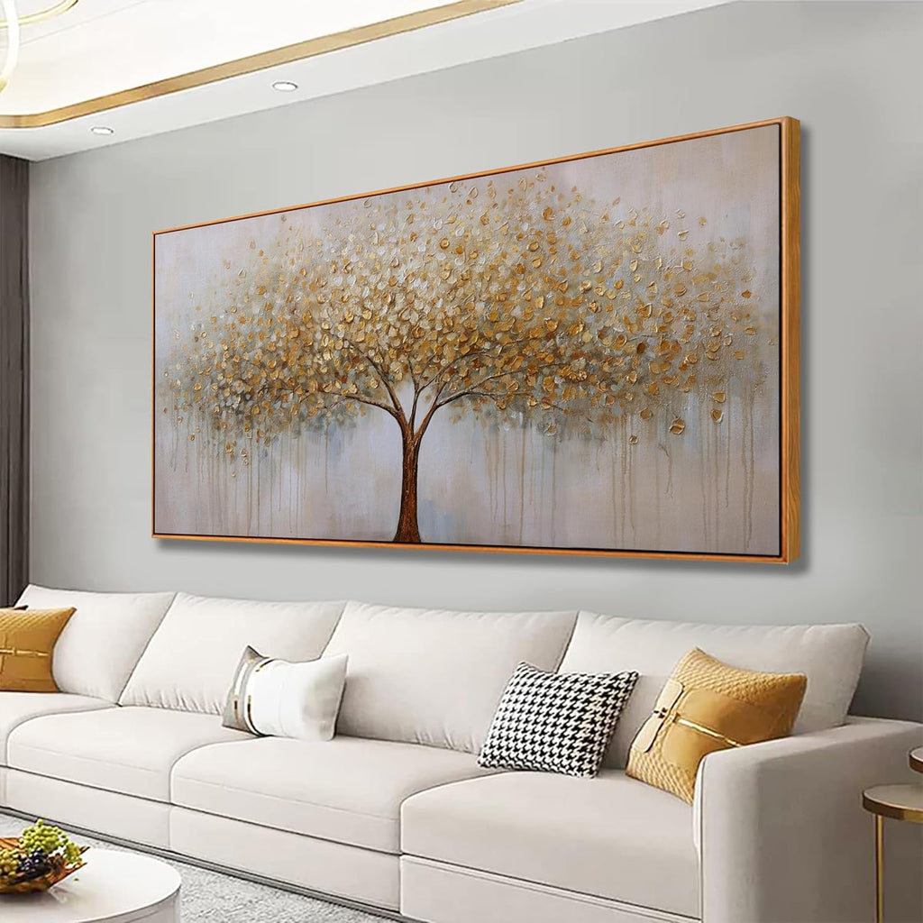 Wall Art Abstract Gold Tree of Life Framed Modern Artwork Canvas Painting Textured Tree Pictures Wall Decor Bedroom