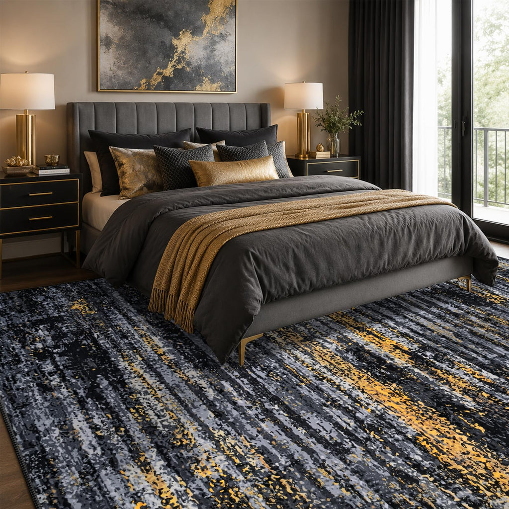 Washable Area Rug, Abstract Rug Black Gold