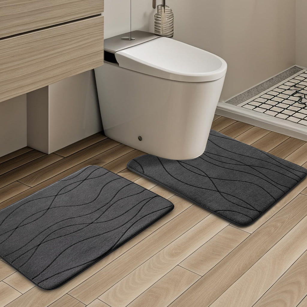 Bathroom Rugs Set 2 Piece, Memory Foam Bath Mat Dark Grey | U Shaped+Small Mat, Ultra Soft, Absorbent, Non-Slip