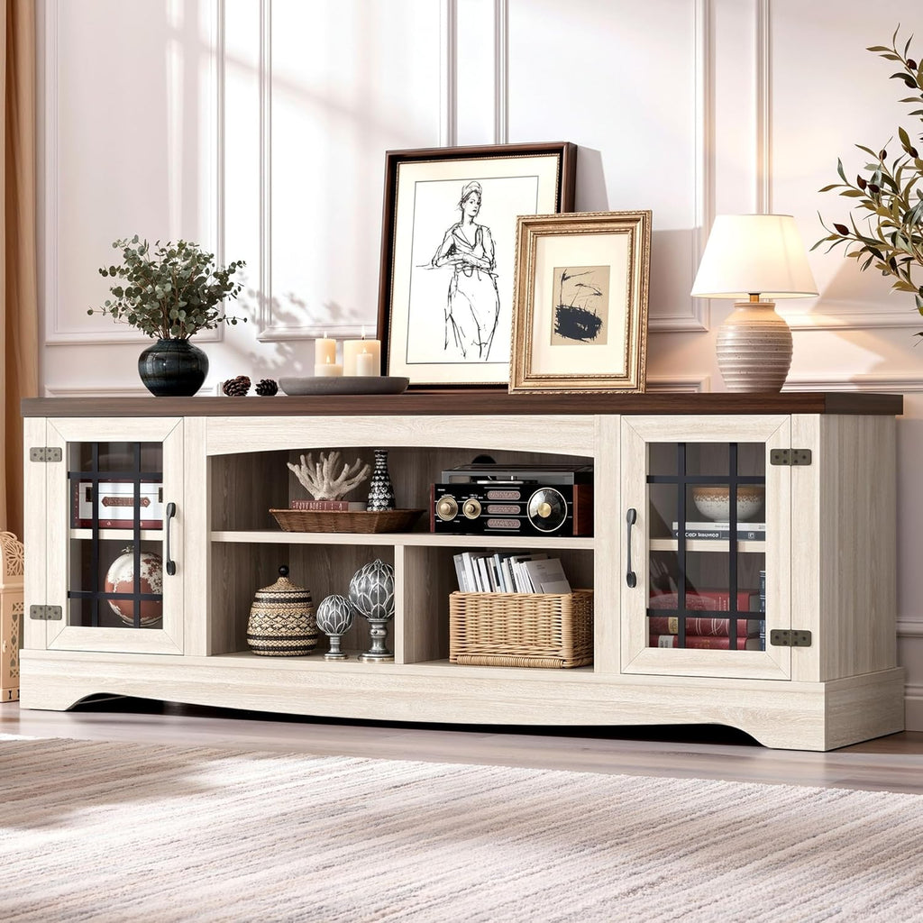 Farmhouse TV Stand for 75 Inch TV, Light Oak & Walnut | 2 Storage Cabinets, Open Shelves, Grid Glass Doors