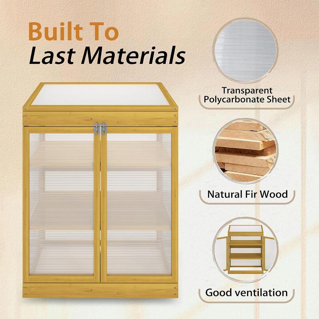 Wooden Cold Frame Greenhouse, 2-Tier Polycarbonate Mini Garden Greenhouse Cabinet, Durable Pine Wood Frame Keep