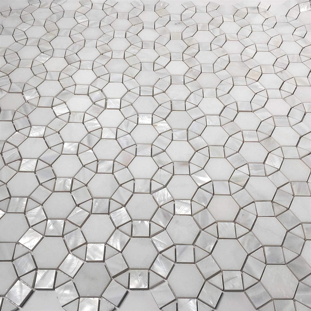 Thassos Hexagon Marble with Circulos Mother of Pearl Mosaic Tile Box of 5 Sheets Backsplash Bathroom Shower Accent