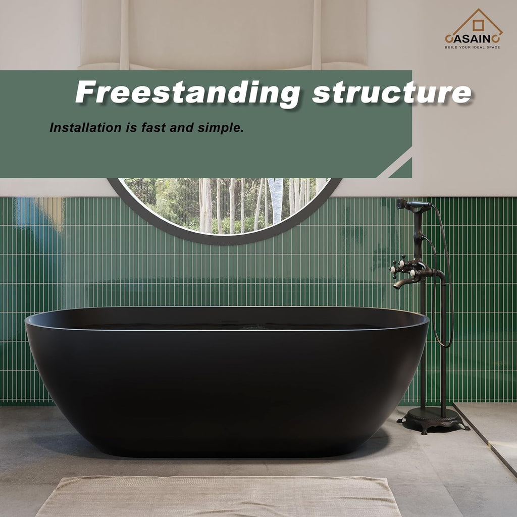 59" Free Standing Tub, Oval-Shaped Stone Resin Freestanding Bathtub Matte Black Solid Surface Soaking Tub with Drain