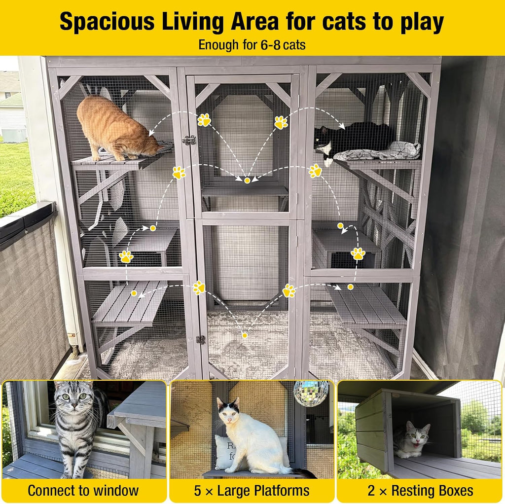 Cat House Window Outdoor Catio Cat Enclosures with 5 Platforms, 2 Resting Boxes Large Walk in Kitty House