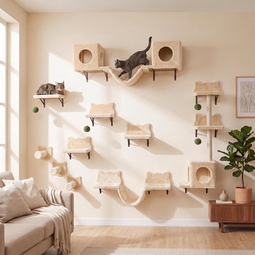 Cat Wall Shelves, 18-in-1 Wall Mounted Cat Furniture Set, Beige
