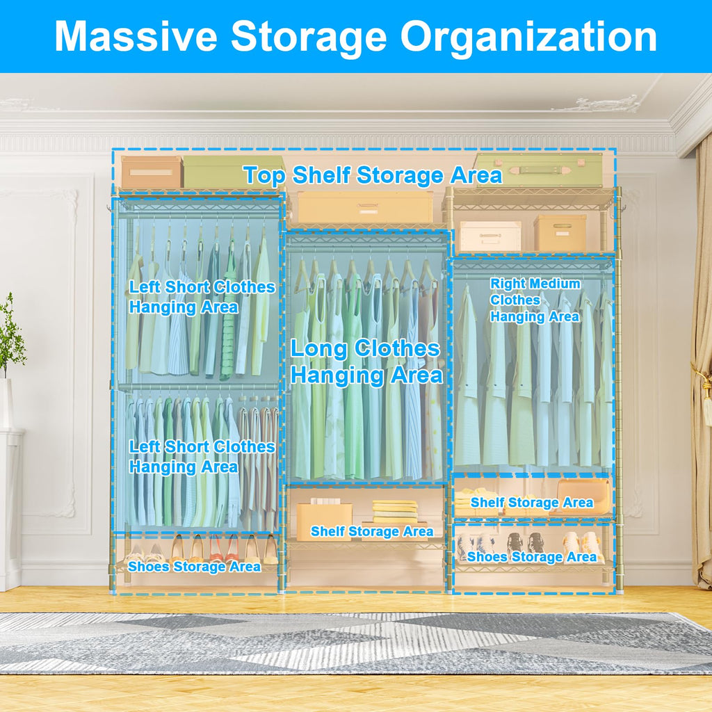 E13 Heavy Duty Clothes Rack(With 4 Hanger Rods & 8 Shelves) Freestanding Clothing Racks for Hanging