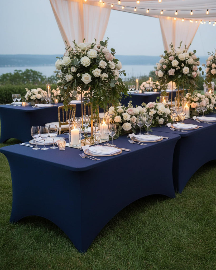 2 Pack 8FT Navy Blue Tablecloth Rectangle Spandex Table Cover