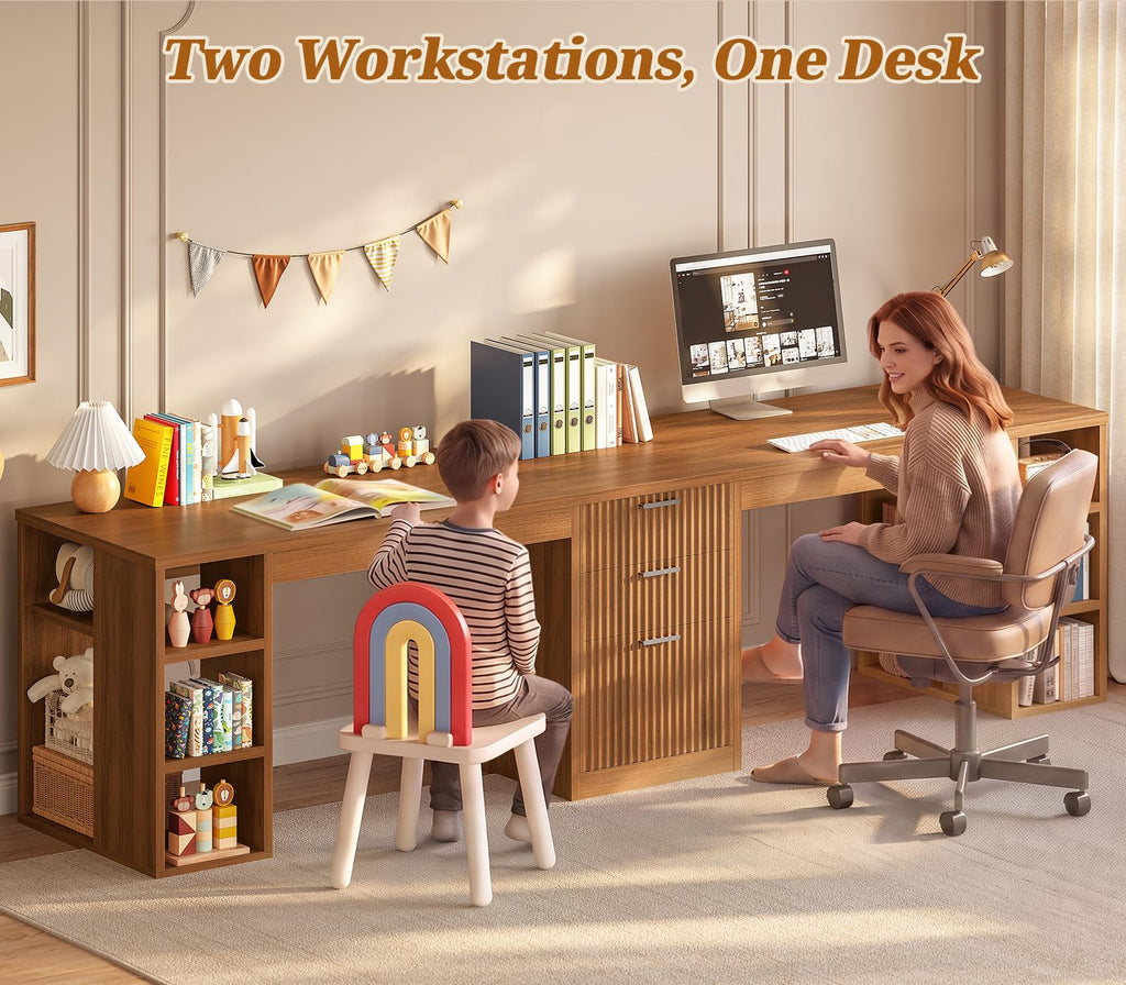Fluted 96.5" 2 Person Computer Desk with Storage Drawers