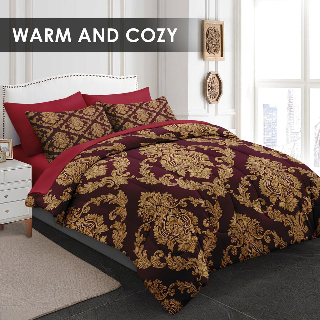 Queen Comforter Set with Sheets, 7 Pieces Damask Red Bedding