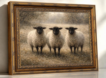 Vintage Gold Framed Wall Art - Rustic Blackface Sheep Landscape Canvas Painting, Neutral Farmhouse Lamb Poster, Muted