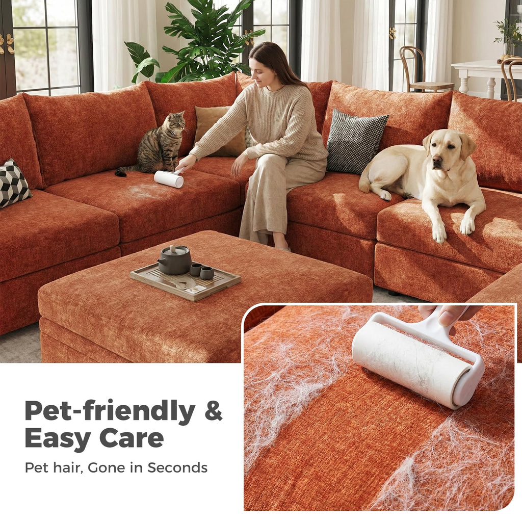 Oversized Modular Sectional Sofa Terracotta Orange, L-Shaped Convertible Couch with Movable Ottoman, Large 6-Seater
