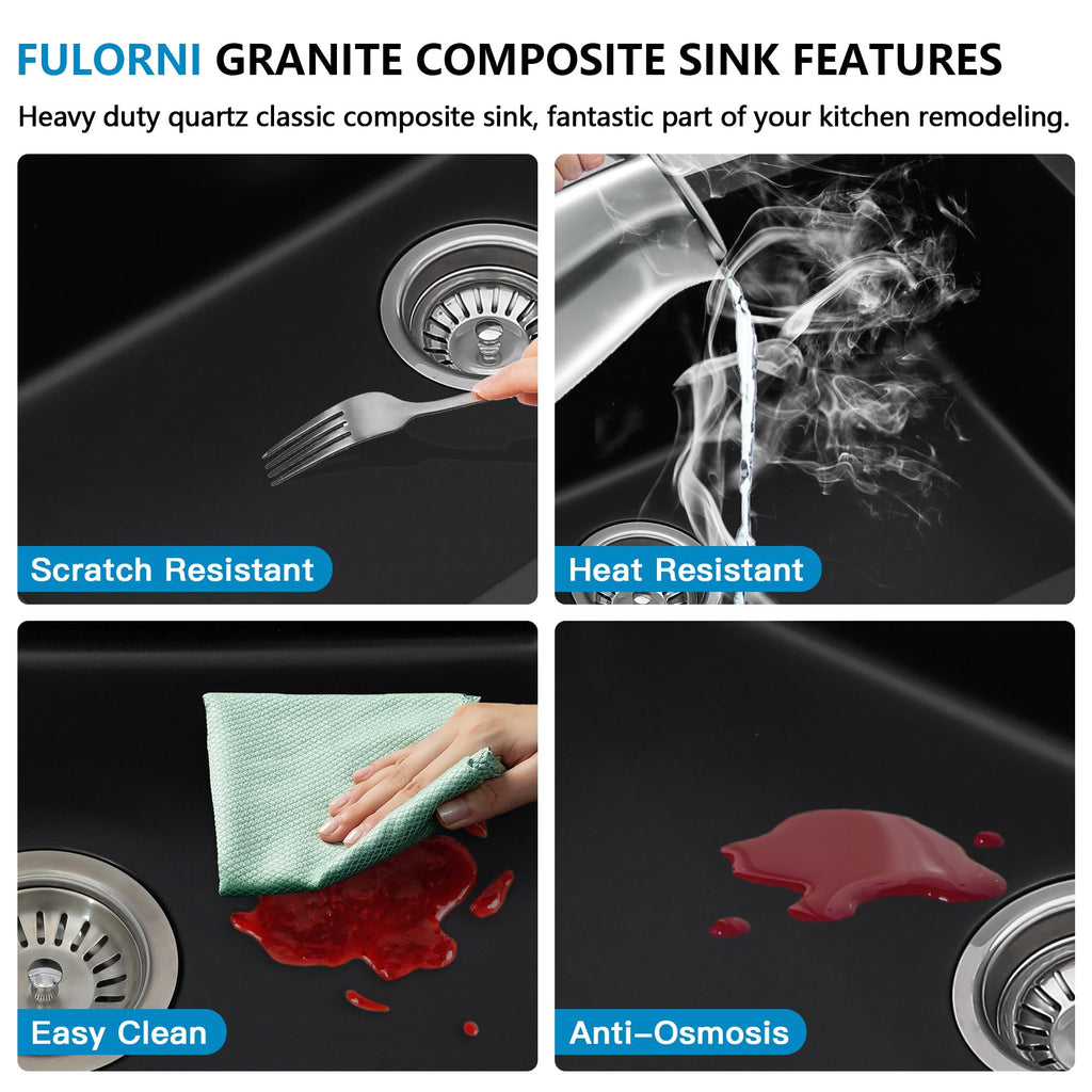 33 Granite Composite - 33"x22" Granite Drop In Topmount Ledge Workstation ‎Matte Black Quartz Classic Above Counter