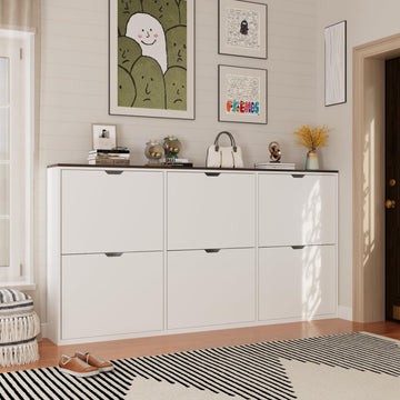 70.9" W Large Shoe Storage Cabinet with 6 Flip Drawers, White Shoe Organizer Cabinet for Up to 36 Pairs, Narrow Shoe
