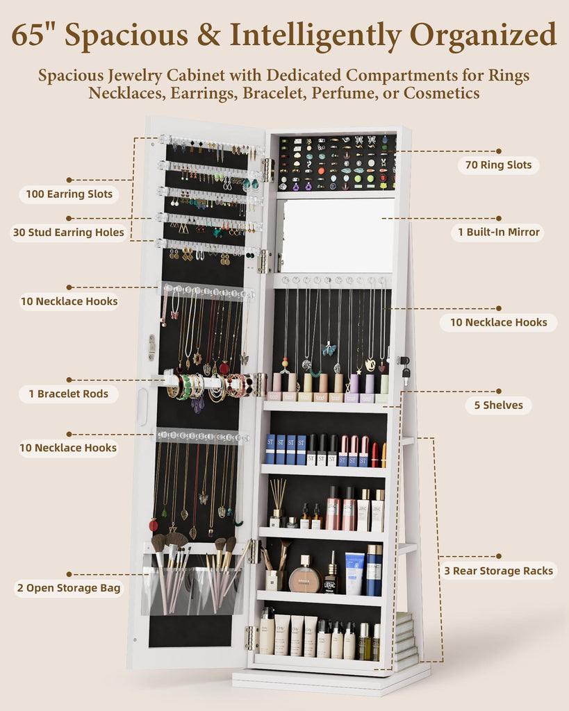 360° Swivel Jewelry Cabinet with Full-Length Mirror, Lockable, White