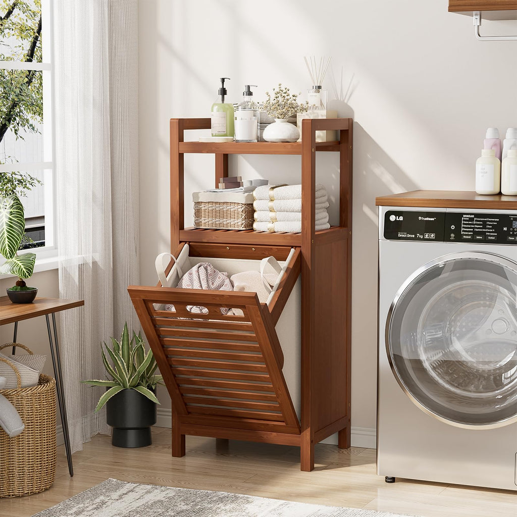 Bamboo Tilt Out Laundry Hamper Cabinet with Removable Bag, Walnut