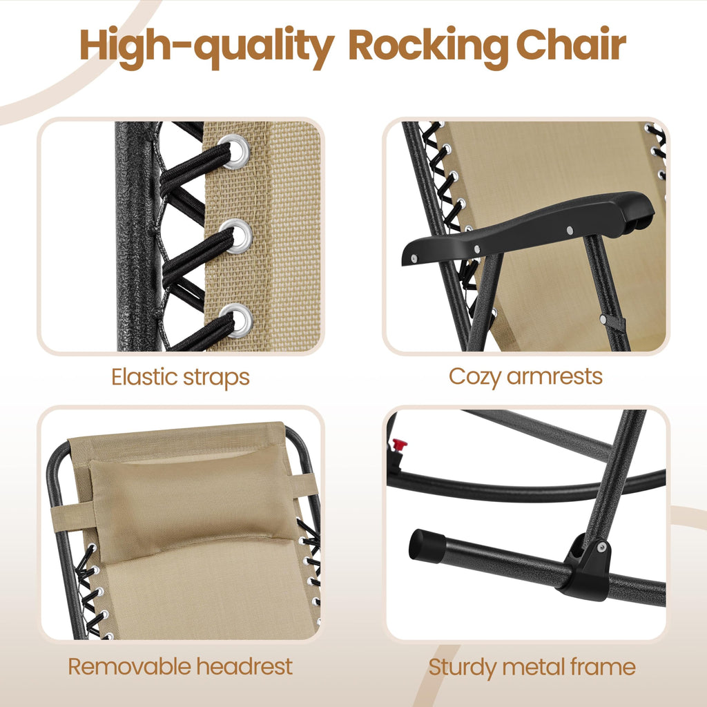 Patio Rocking Chair Folding Camping Chair with Pocket, Beige