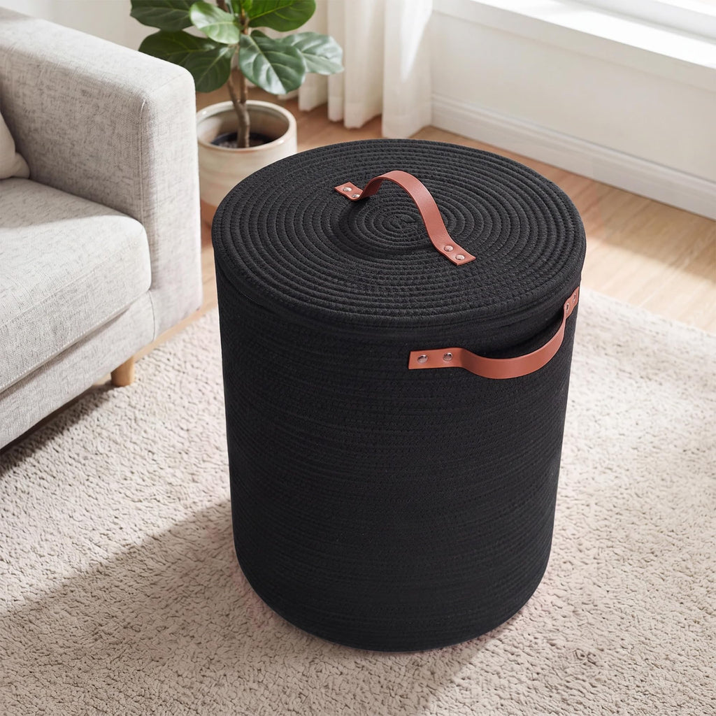 Black Basket with Lid, 15" x 20" Tall Woven Cotton Rope Laundry Hamper with Zipper, Modern Round Laundry Basket for