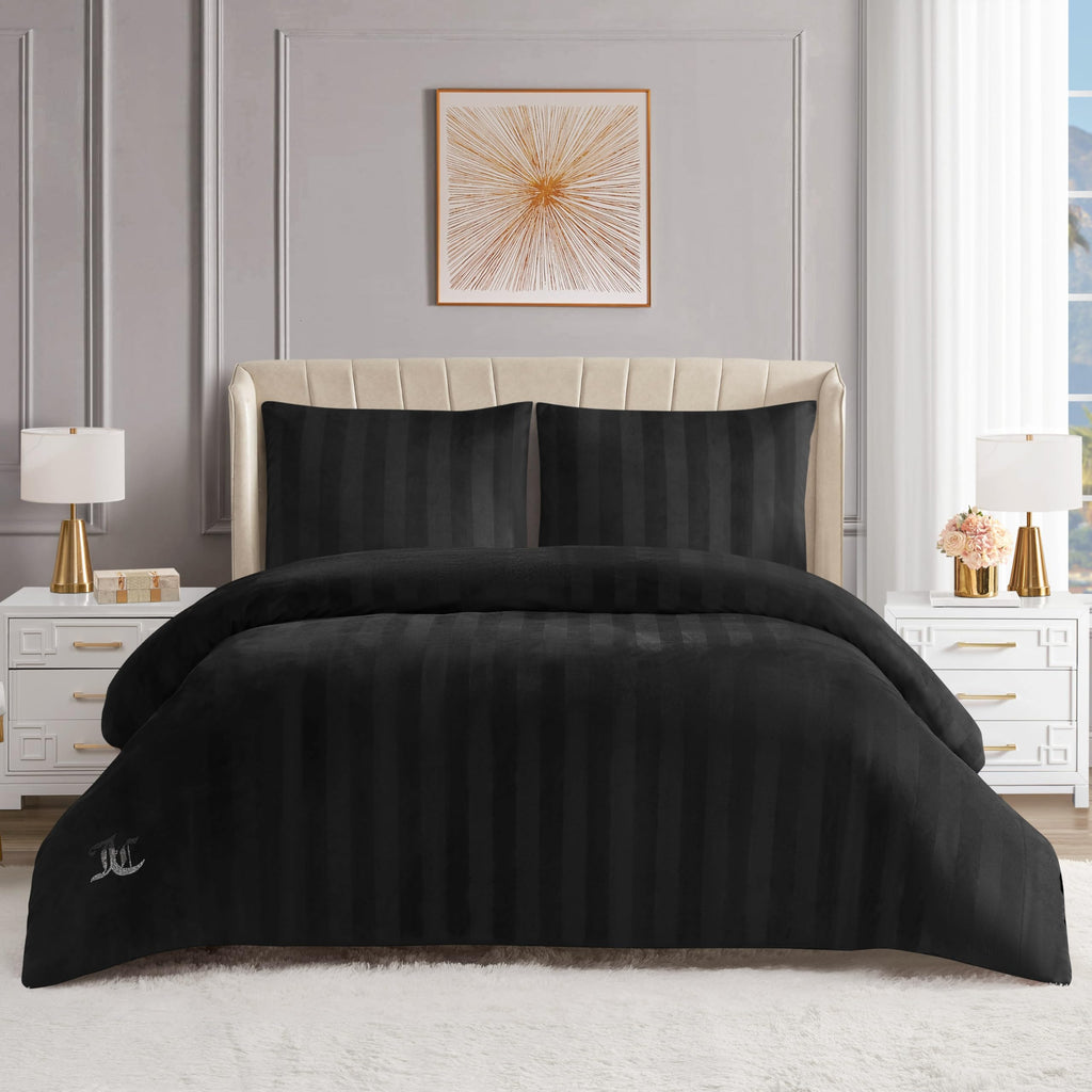 Jenny Velour Striped Jacquard Size Comforter Bedding Set Ensemble - Black 3 Piece Set