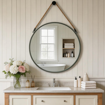 24" Round Hanging Mirror, Circle Wall Mirror with Jute Rope