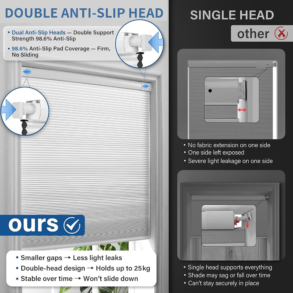 Dual Tensioner 1.5" No Drill Cellular Shades for Indoor Windows, Cordless Privacy No Drill Cellular Shades for Indoor
