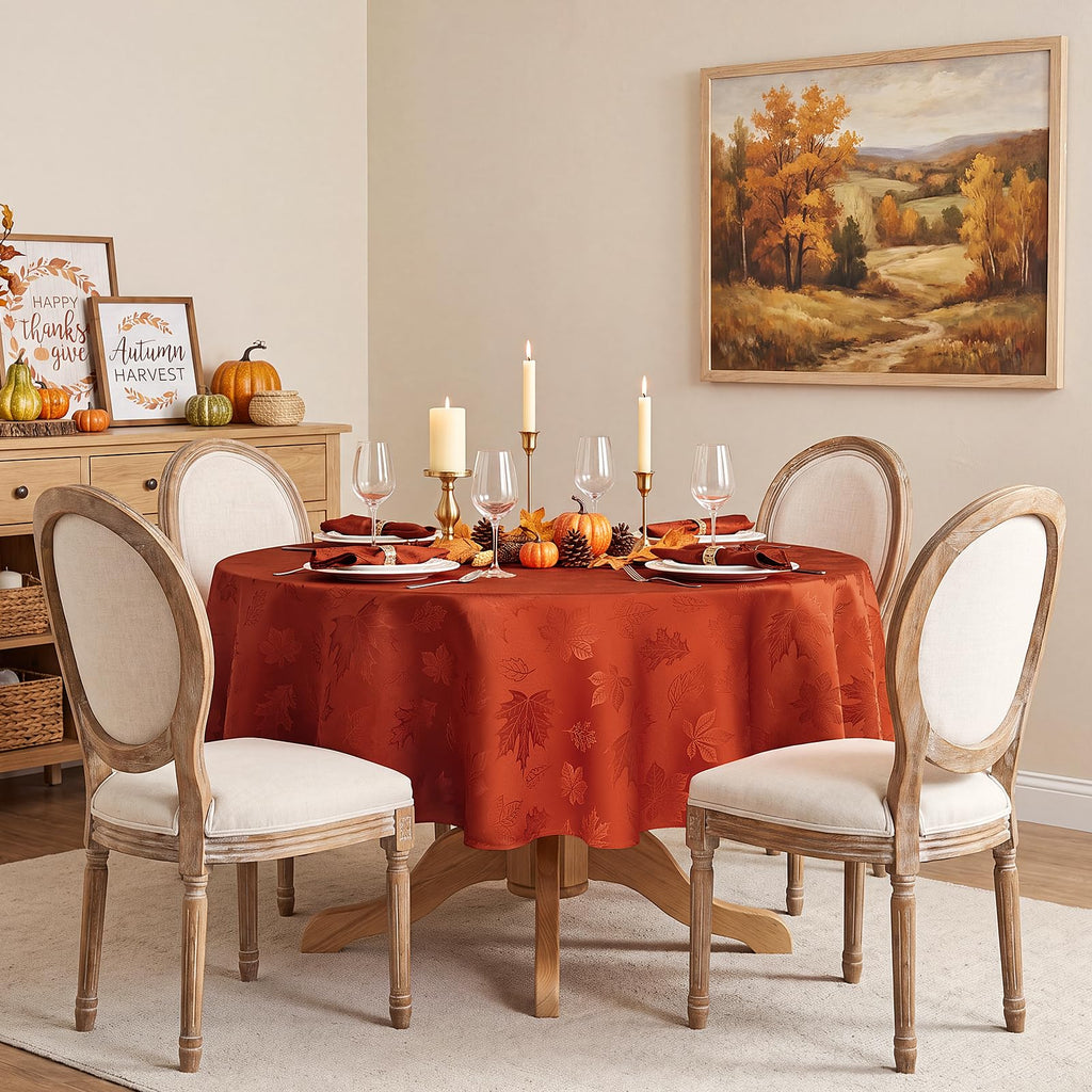 Fall Jacquard Round Tablecloth, 70 Inch Burnt Orange
