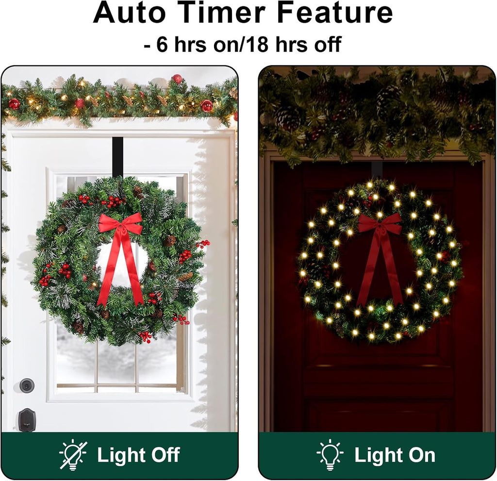 24in Prelit Christmas Wreath for Front Door Christmas Decorations- Timer 8 Light Modes- Battery Operated Lighted