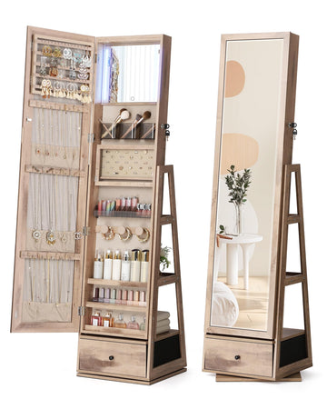 360° Swivel Jewelry Cabinet with Lights, Full Length Mirror, Oak