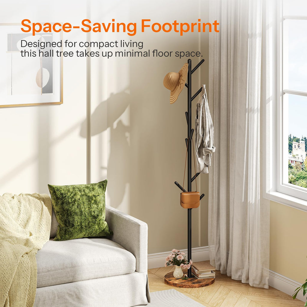 Coat Rack Stand with 9 Hooks, Metal Freestanding Coat Tree with Wooden Base, Heavy Duty Hall Tree, Space Saving Coat