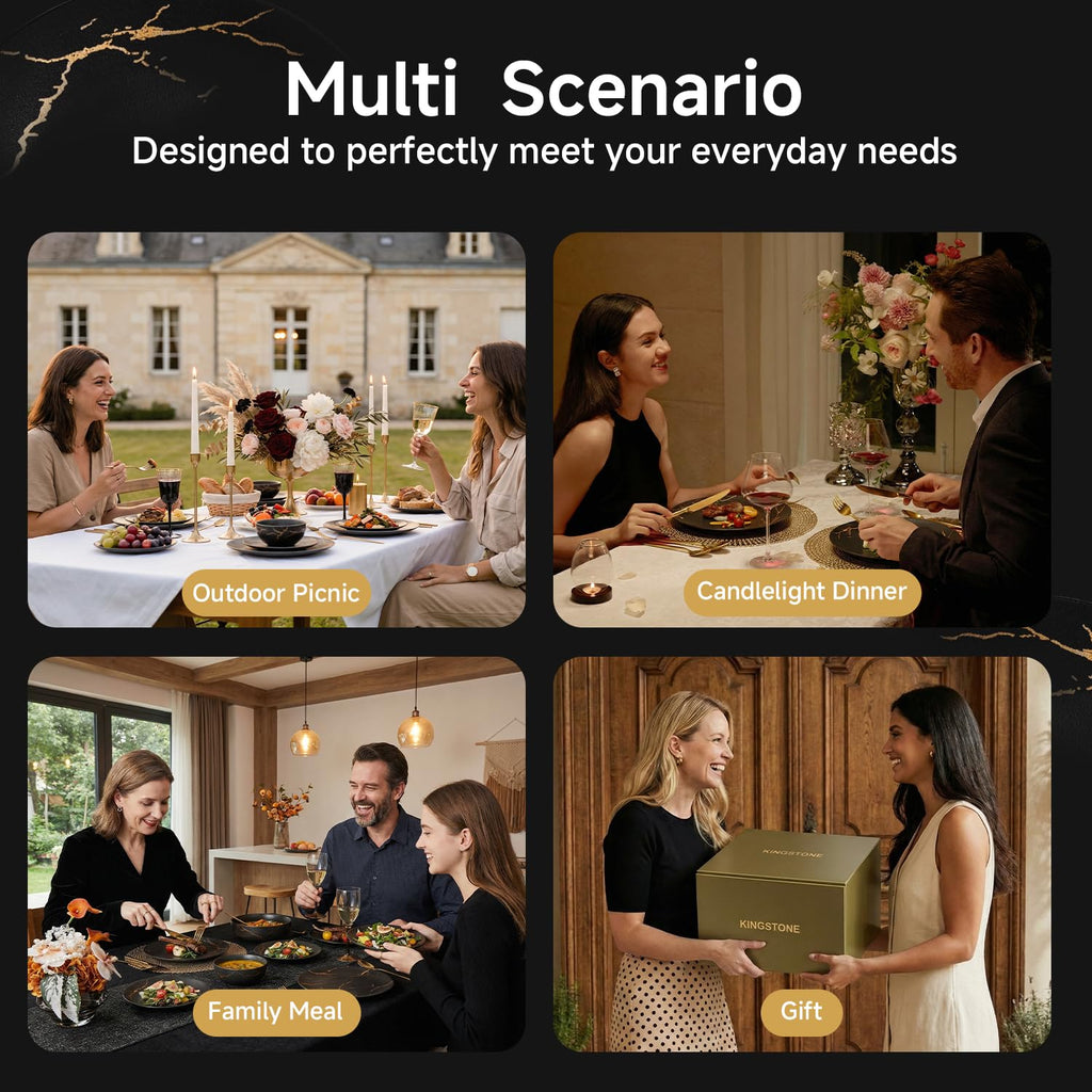 24-Piece Matte Crackle Dinnerware Sets, Black and Gold